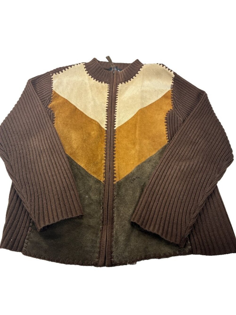 Vintage Designer Studio Women L Leather Patchwork Knit Jacket Boho Cardigan Zip